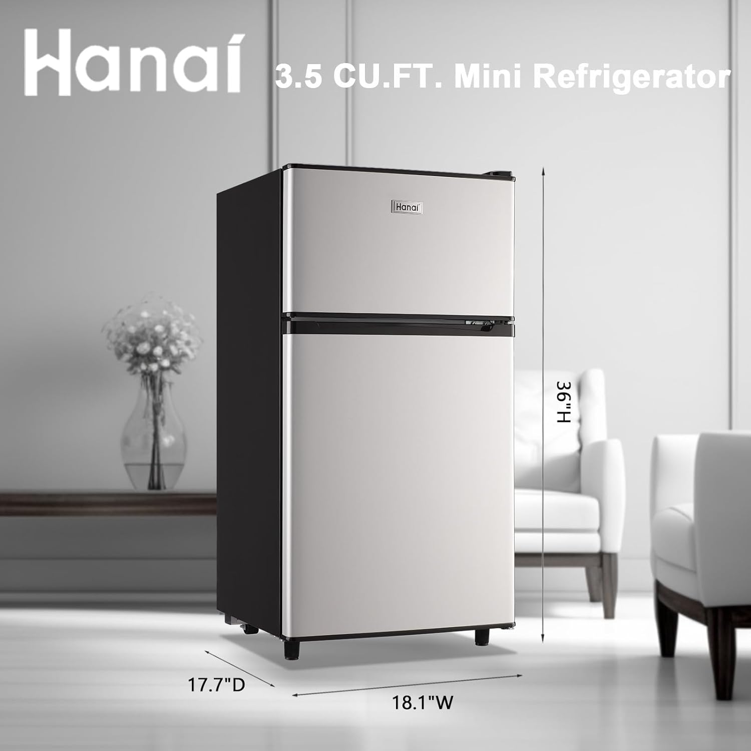 WANAI Refrigerador compacto de 3.5 pies cúbicos con congelador, refrigerador pequeño con 7 modos de temperatura, ahorro de energía, bajo ruido para