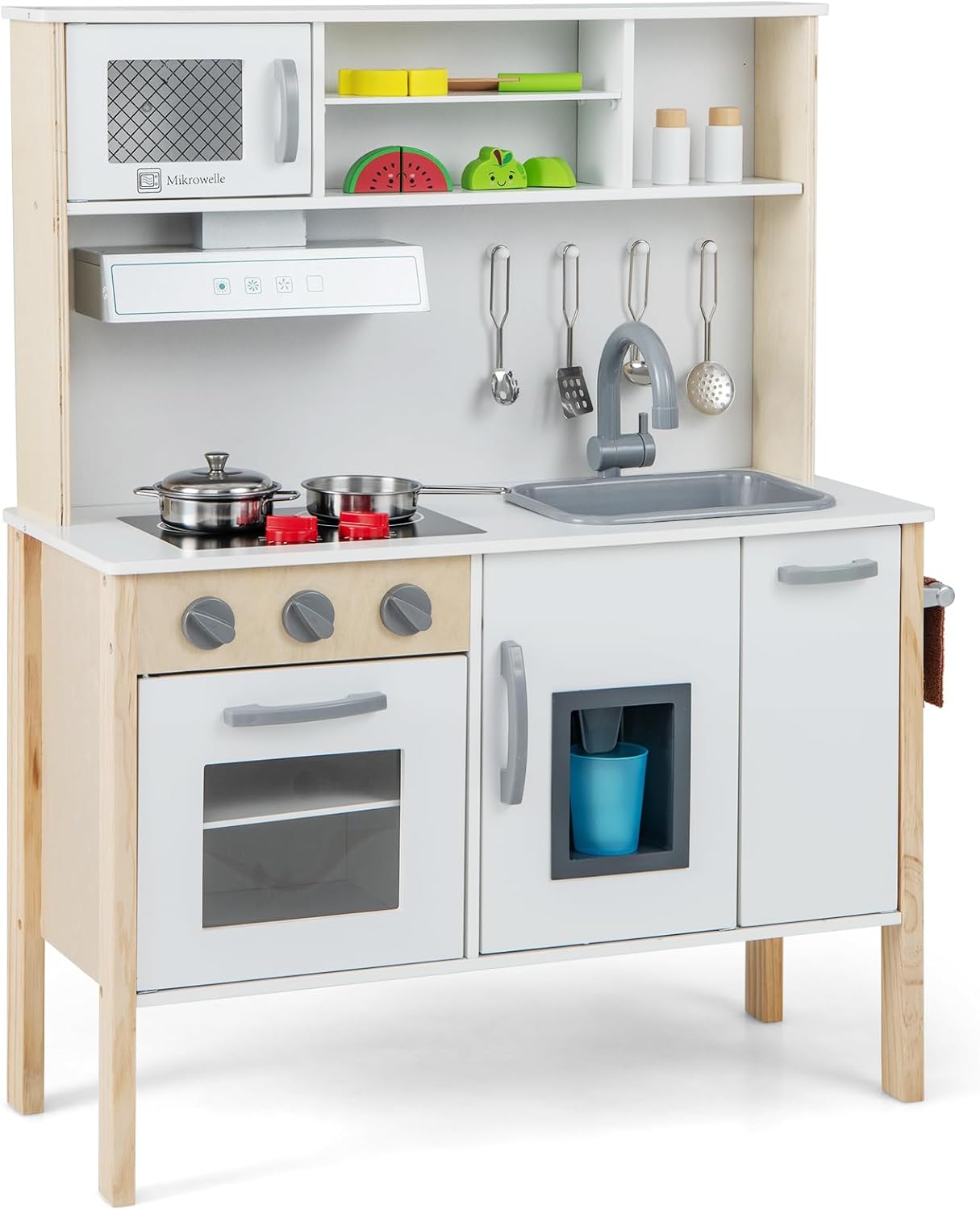HONEY JOY Juego de cocina para niños, cocina de madera para niños pequeños, microondas, campana extractora, máquina de hielo, 18 accesorios de