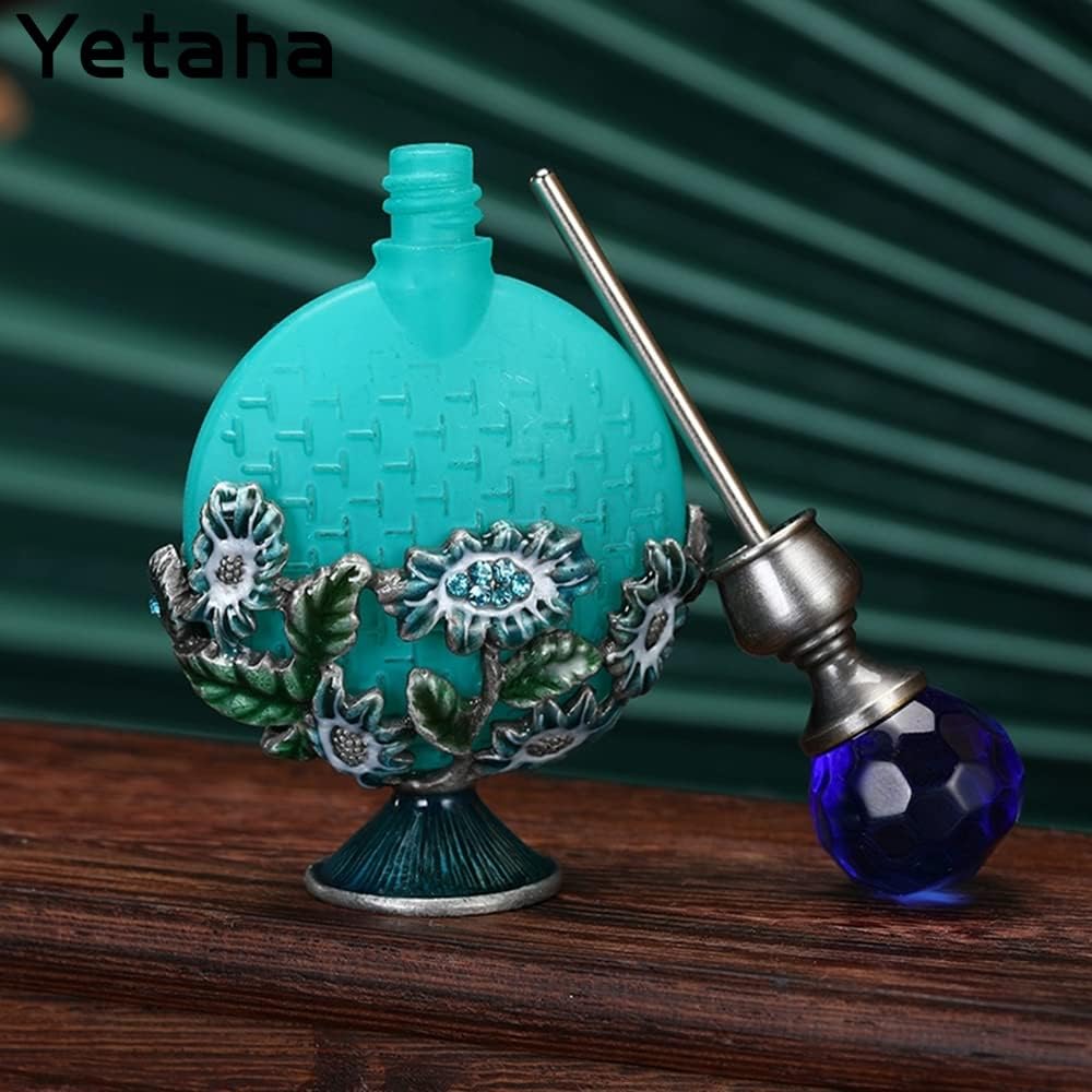 Yetaha Botellas de perfume vacías recargables vintage, botella de perfume de cristal de lujo, botella de aceite esencial con flores decorativas para
