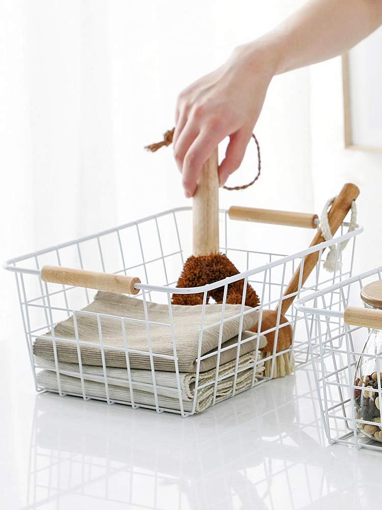 LeleCAT Cestas de alambre blanco con asas, organizador de almacenamiento de alambre para cocina, refrigerador doméstico para armarios, despensa,