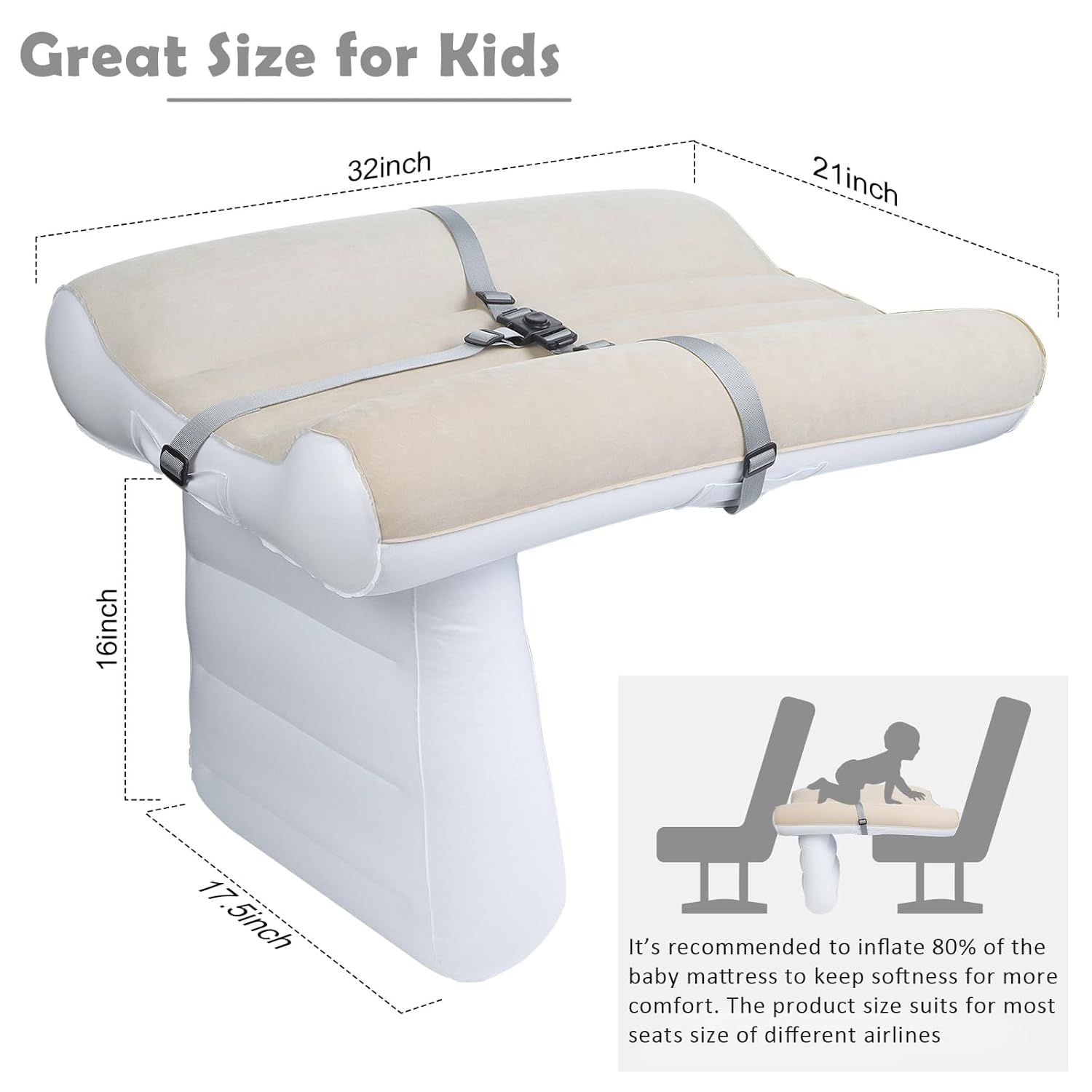 FACULX Cama de viaje para niños pequeños, cama inflable de avión para niños pequeños con cinturón de seguridad y bomba, colchón de aire inflable