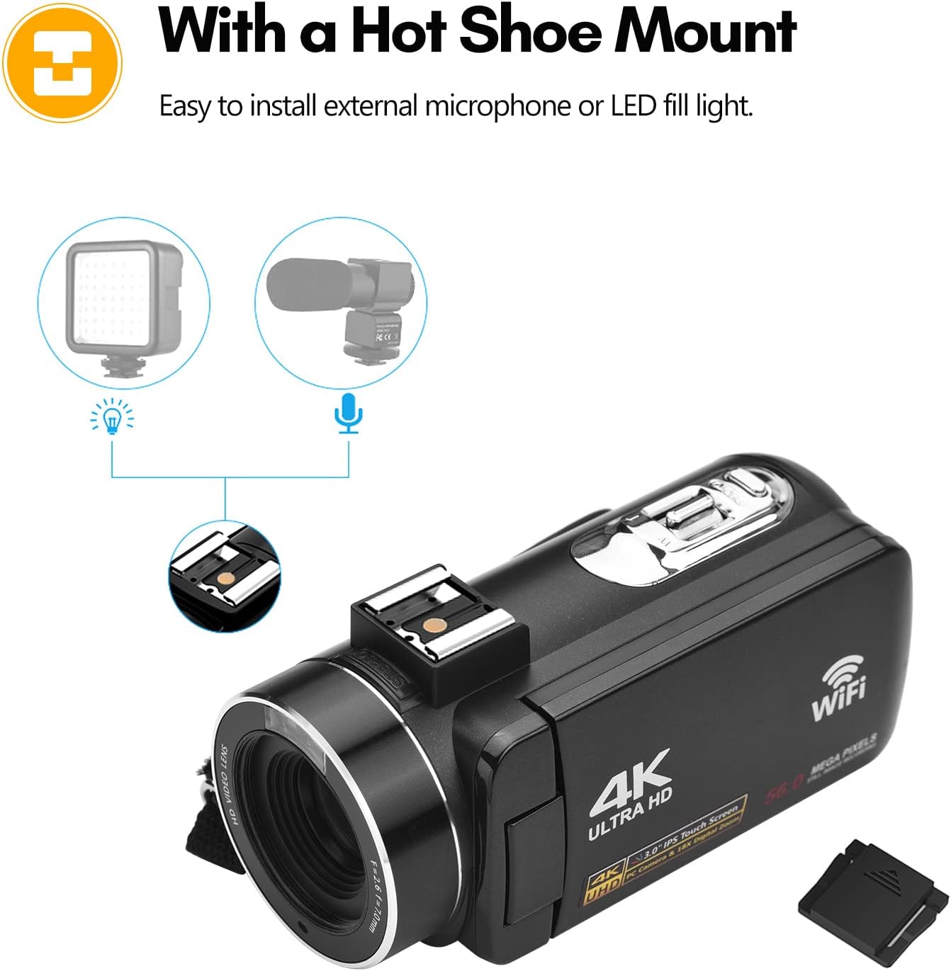 Andoer Cámara de vídeo digital 4K WiFi videocámara DV grabadora 56MP 18X zoom digital 3.0 pulgadas IPS pantalla táctil compatible con detección de
