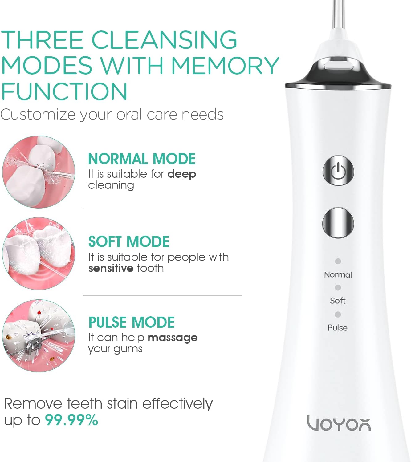 VOYOR – Irrigador dental de agua para dientes, irrigador oral portátil y recargable con 4 puntas de hilo dental y púas de limpiador de dientes