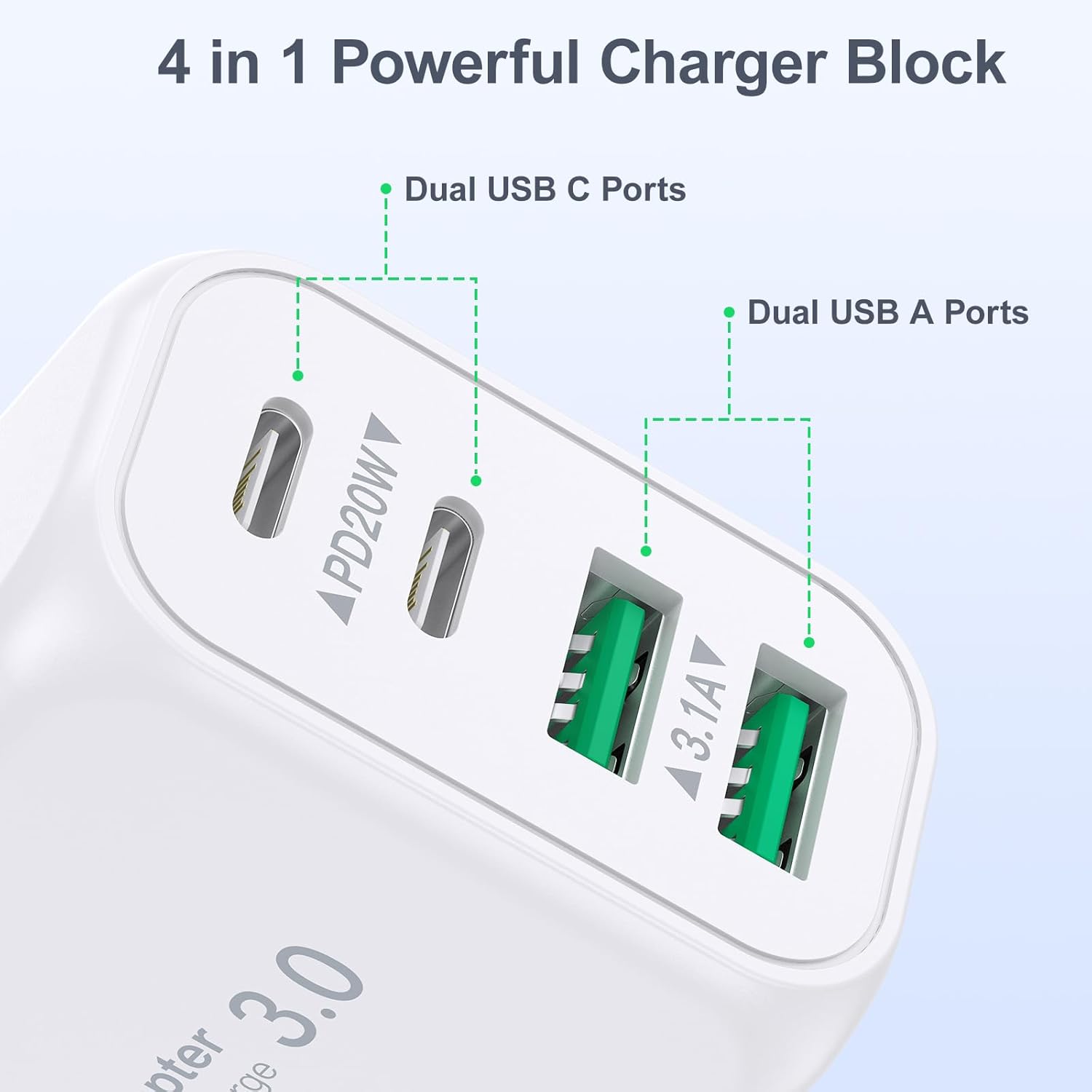 Cargador de pared USB C, bloque de cargador USB C de 40 W, 4 puertos, bloque de carga rápida, adaptador de alimentación PD+QC tipo C para iPhone