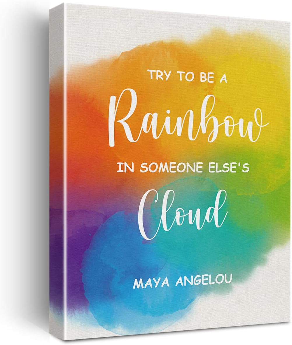 Lienzo con frase “Be a Rainbow in Someone Else’s Cloud” (Be a Rainbow in Someone Else’s Cloud) con cita de nube, arte de pared inspirador positivo