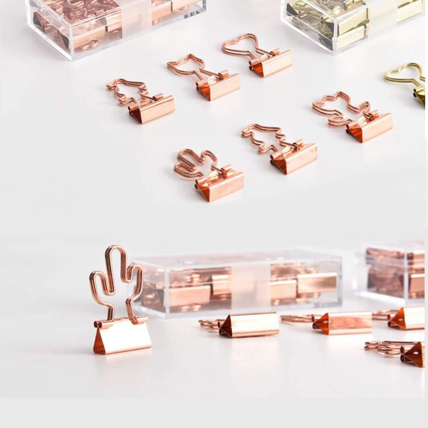 Clips para carpeta de cactus con bonitos clips medianos de oro rosa en caja de cristal acrílico para oficina, escuela y suministros para el hogar