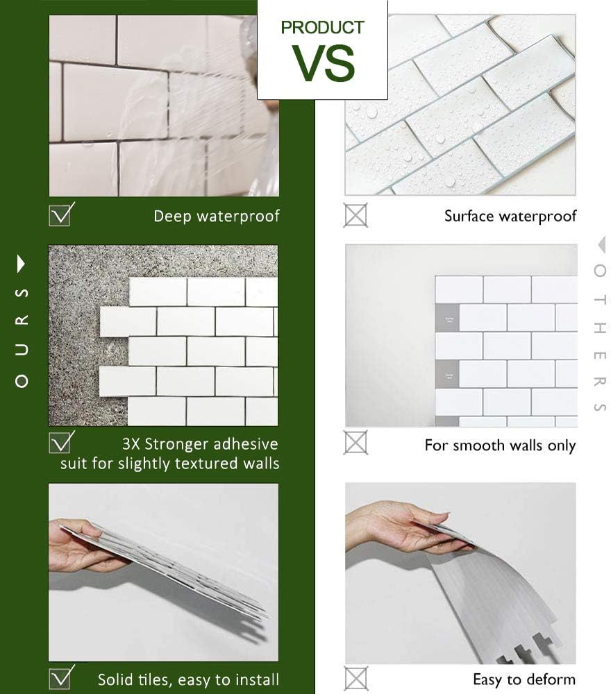STICKGOO – 10 hojas de azulejos Peel and Stick de metro color blanco para placa de salpicaduras de cocina color blanco (diseño más grueso)