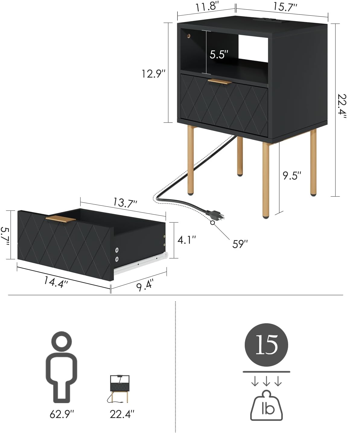 Aobafuir Mesita de noche con estación de carga, cómoda con cajón para dormitorio, mesa auxiliar pequeña con cajón, mesita de noche, mesa auxiliar