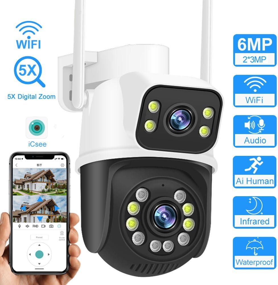 PTZ WiFi Seguridad al aire libre inalámbrica 2X3MP Dual Lens Linkage Human Detect Pan tilt zoom digital Seguimiento automático Cámara de vigilancia