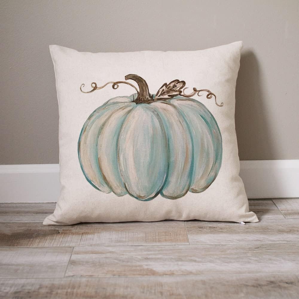 Juego de 2 fundas de almohada decorativas de otoño de 16 x 16 pulgadas, fundas de cojín de calabaza azul claro, lino sintético, granja, Acción de