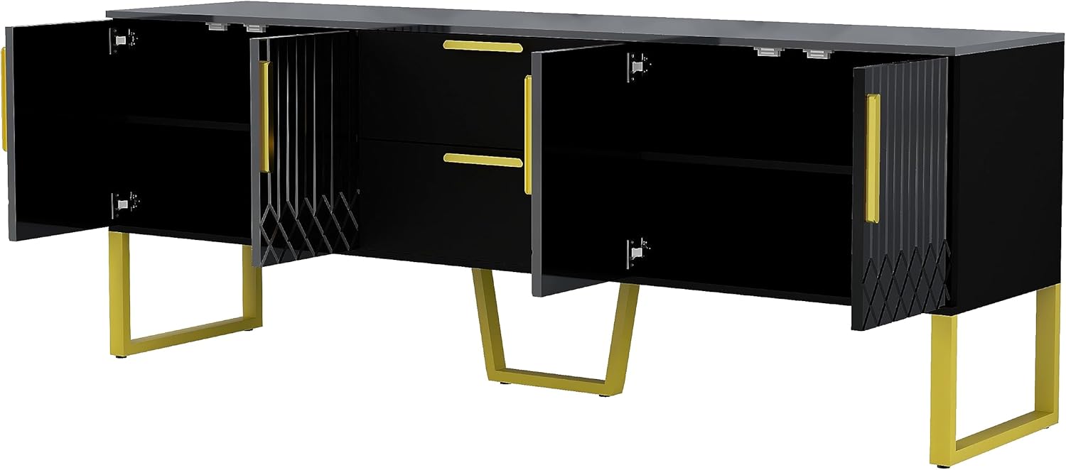 Moderno mueble de almacenamiento para TV con 2 cajones y gabinetes, mesa consola de TV para sala de estar con patas y asas de metal para televisores