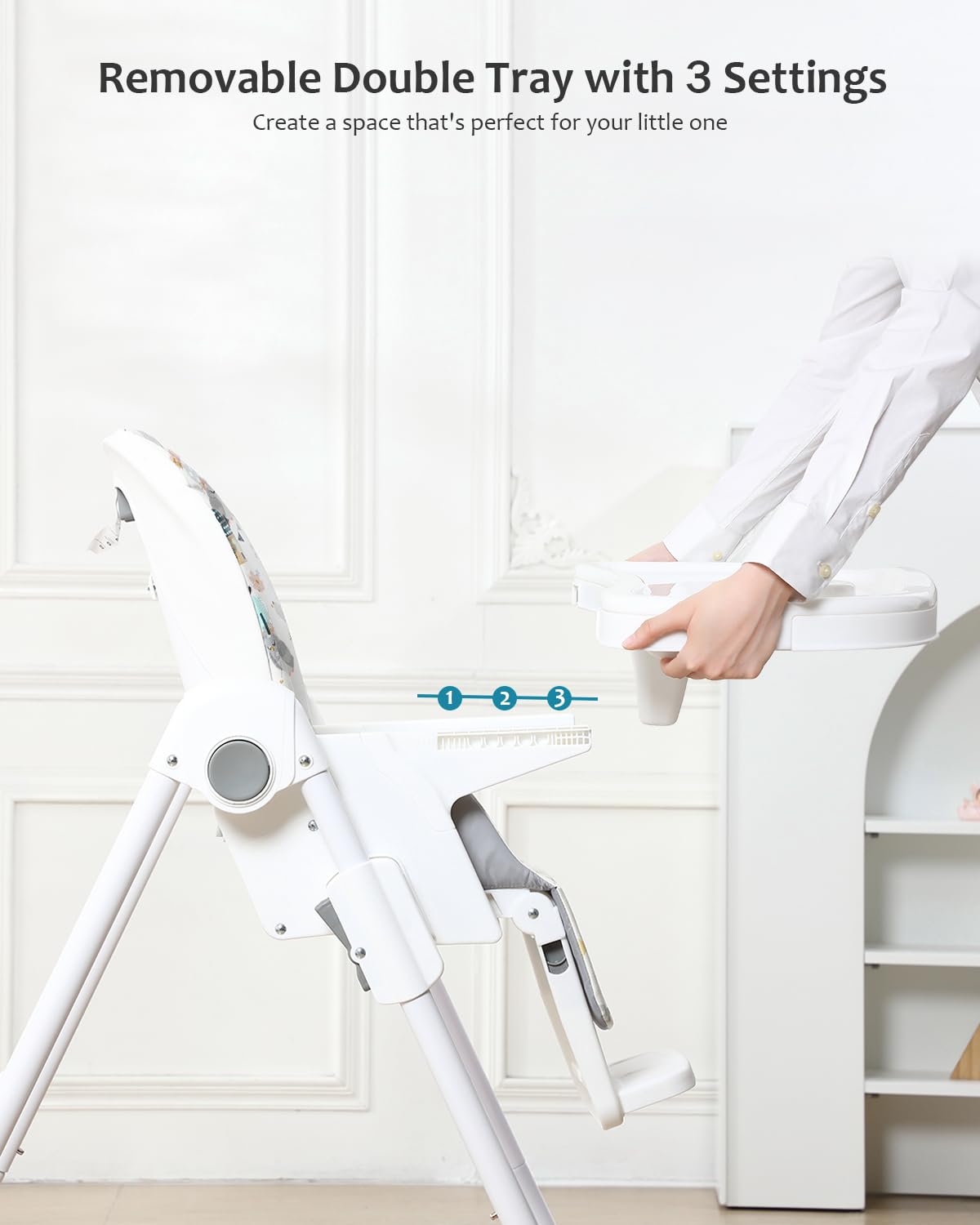 ACE1023-GS – Trona para bebés de 6 meses con reino de fantasía, plegable, reclinable, bandeja doble, silla alta de alimentación fácil de limpiar