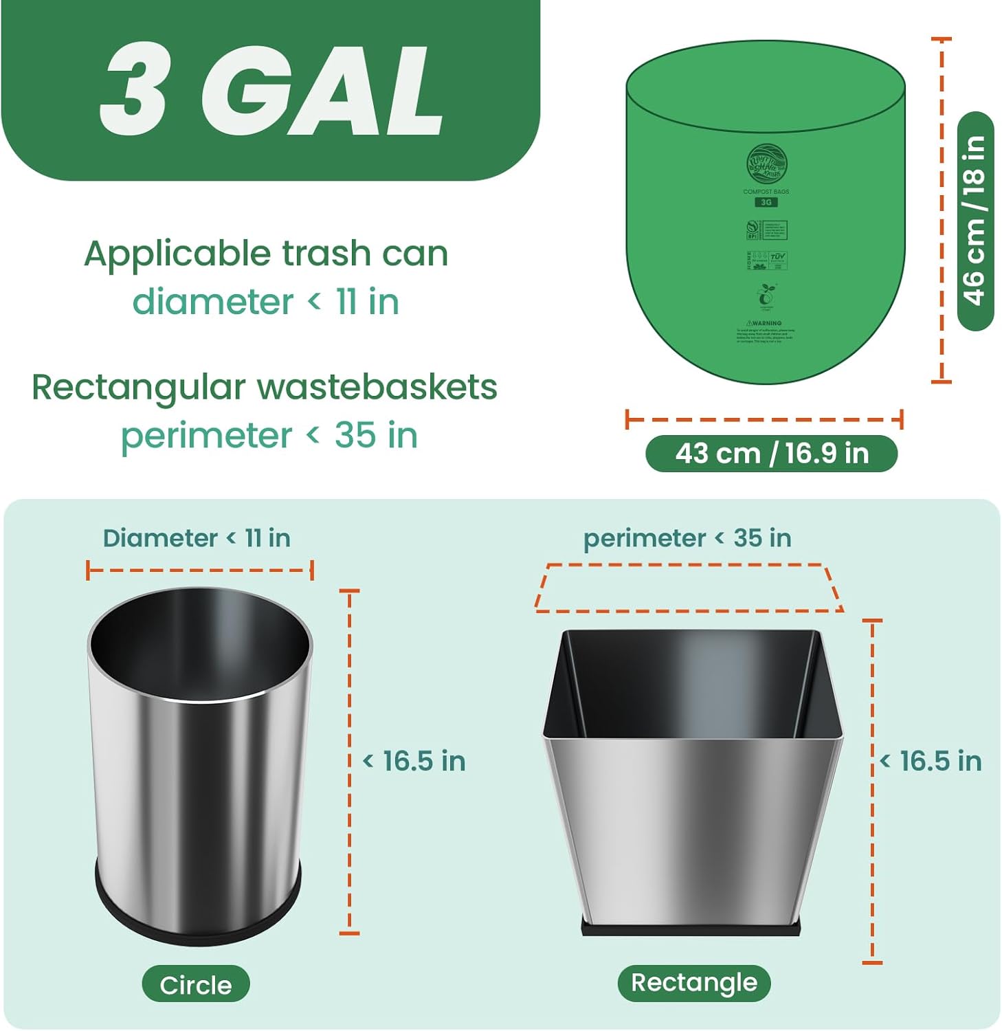 Bolsas de basura compostables, 3 galones, bolsas de abono para contenedor de encimera, bolsas de basura pequeñas para cocina, bolsas de basura de