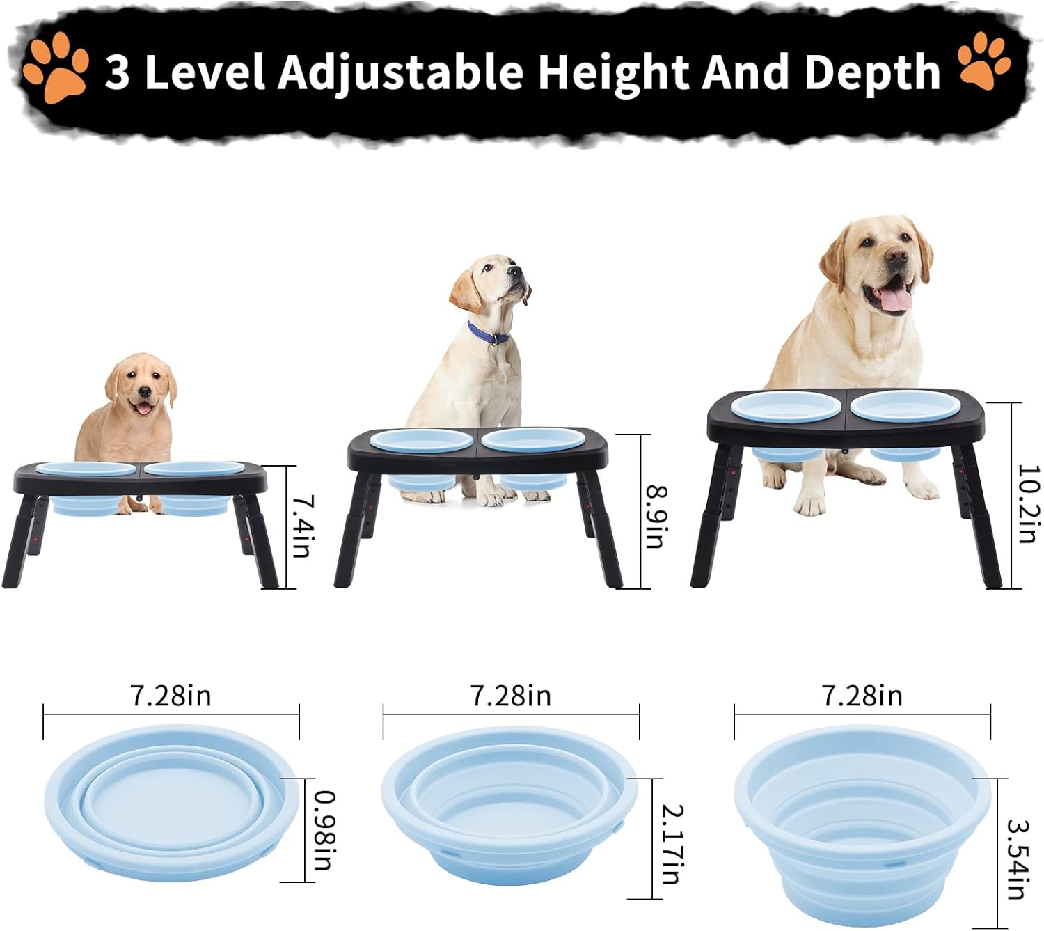SIMMOUDE Cuencos elevados para perros grandes y medianos para mascotas, plegables, 2 cuencos elevados para alimentos y agua con soporte, 3 alturas