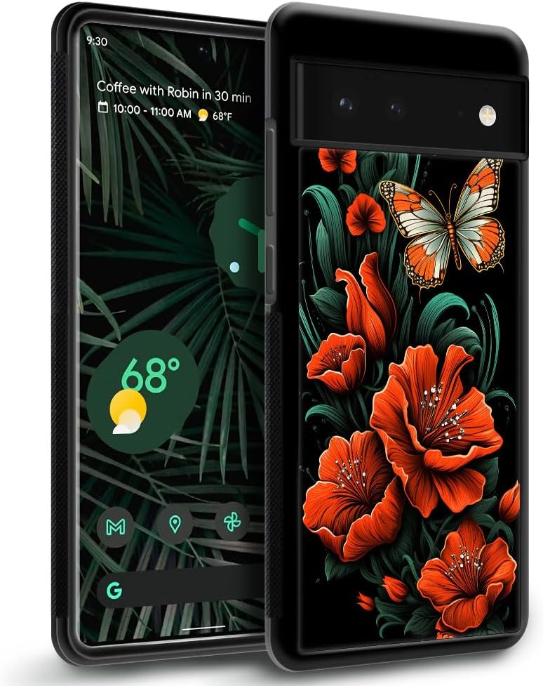 CARLOCA Funda compatible con Google Pixel 7, diseño de mariposa de flores rojas para Google Pixel 7, ultra protección, a prueba de golpes, silicona