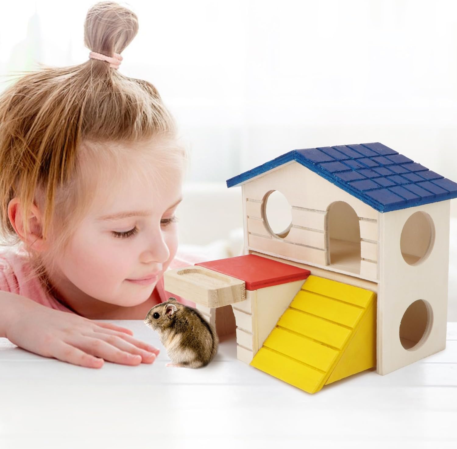 Cabaña de escondite para hámsteres pequeños Animales de dos capas Casa de madera para ratones Gerbo Rata enana Jaula de hámster Juguete de ejercicio