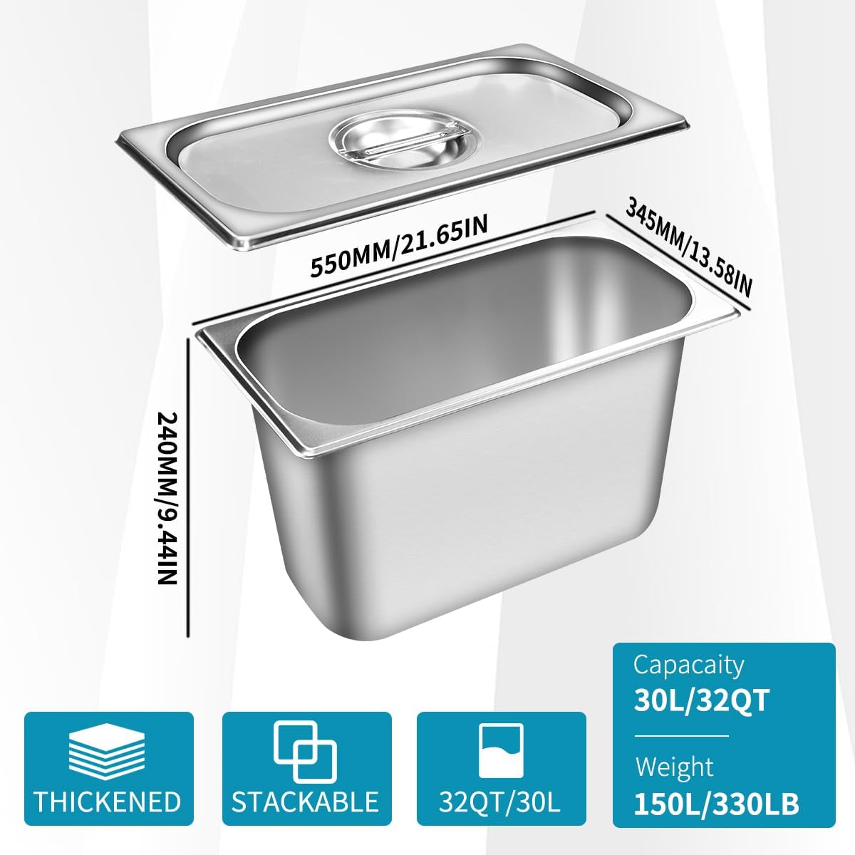 Transportador aislado para alimentos, caja caliente de 32 cuartos  30 L para catering, calentadores de sopa comerciales con 3 sartenes de acero