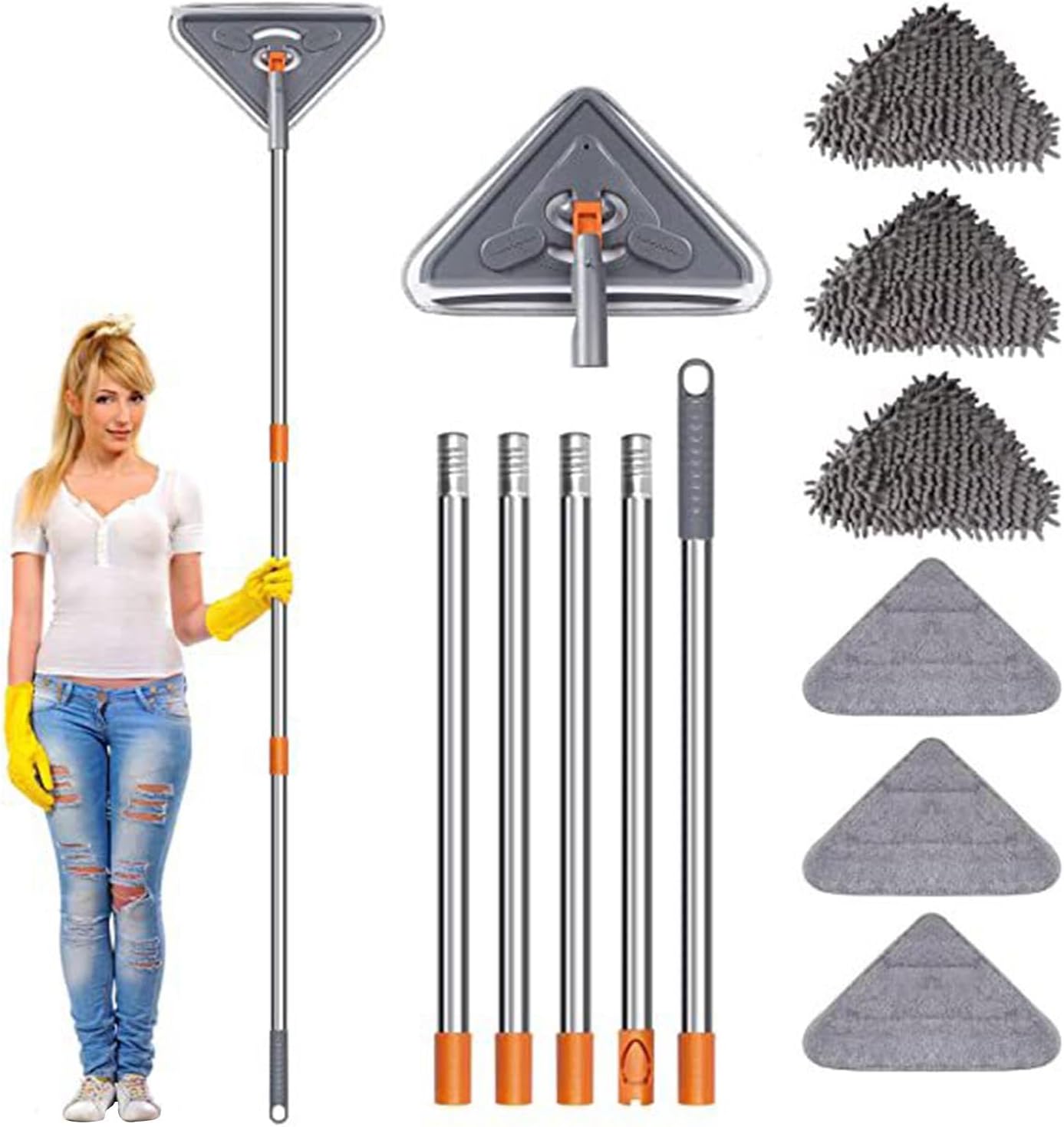 Trapeador de limpieza de pared, limpiador de ventanas con mango largo de longitud ajustable, herramienta de limpieza de zócalo giratorio de 360
