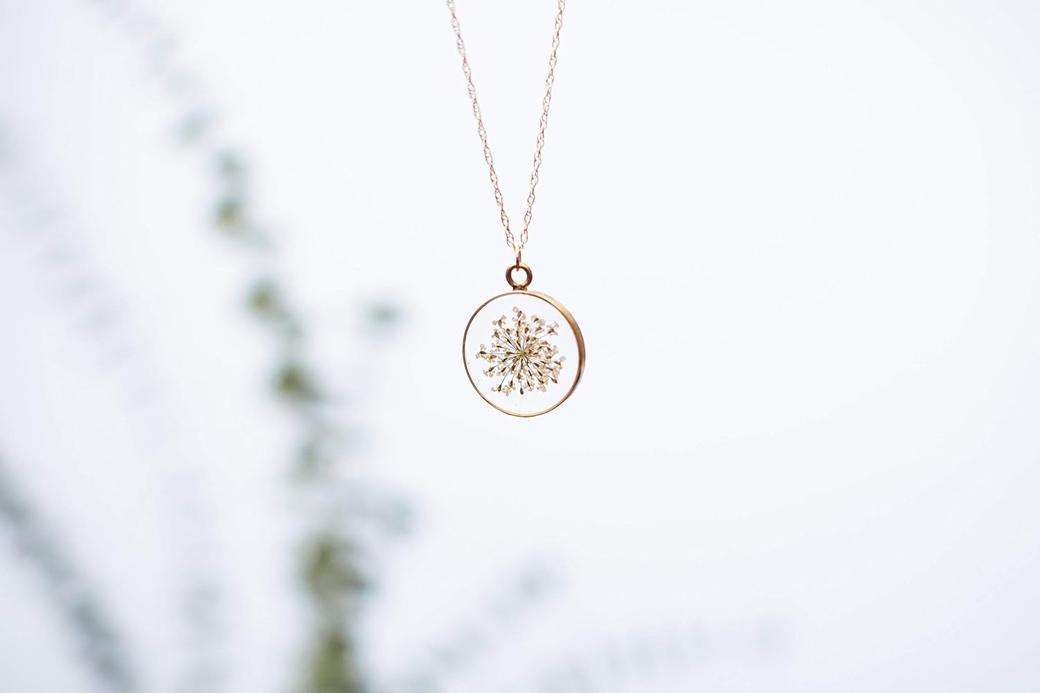 Olive Bella Handmade Pressed White Flower Necklace for Women Queen Anne’s Lace 14k Gold Filled Chain 18 inches