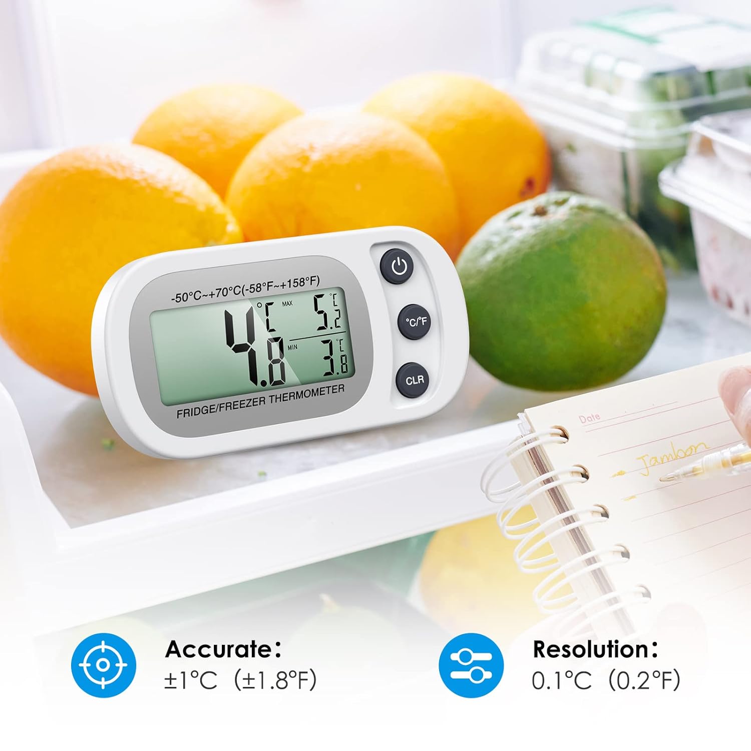 Olipiter Termómetro de refrigerador mejorado, termómetro digital para congelador, termómetro impermeable para refrigerador con gancho, pantalla LCD,