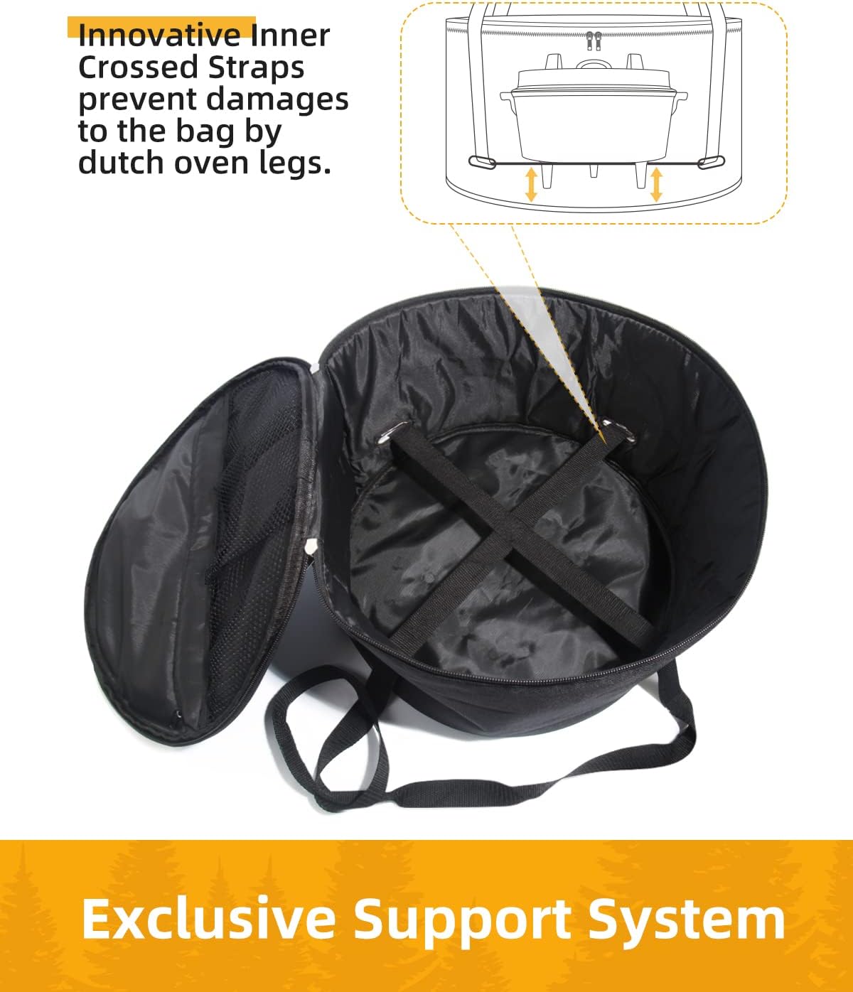 Morjor Bolsa de horno holandés para horno holandés de 14 pulgadas, bolsa de transporte con correas cruzadas interiores adicionales y 2 bolsillos