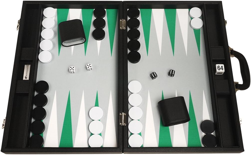 Juego de Backgammon Premium de 19 pulgadas, tamaño grande, tablero negro, puntos blancos y verdes