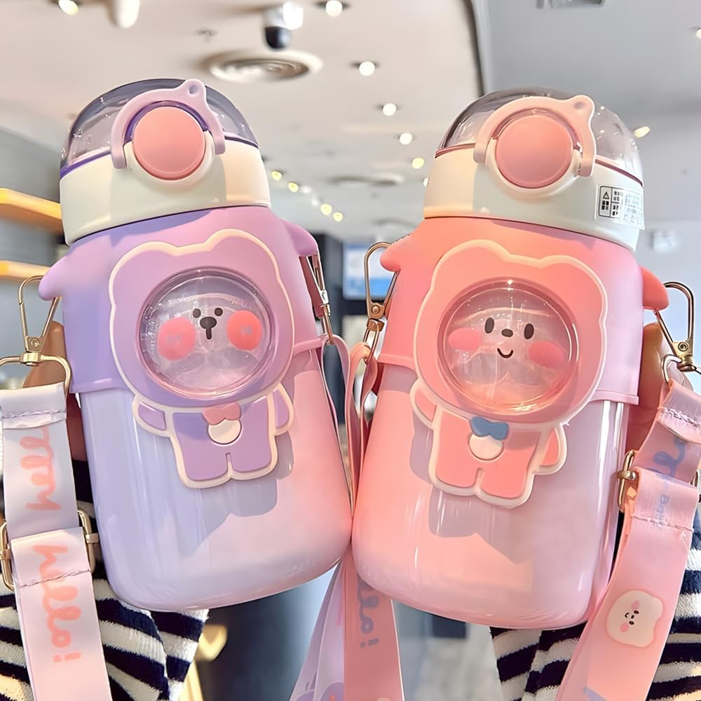 Kawaii Bear – Botella de agua con popote y correa para el hombro, a prueba de fugas, de acero inoxidable al vacío, sin BPA, lindas botellas de agua