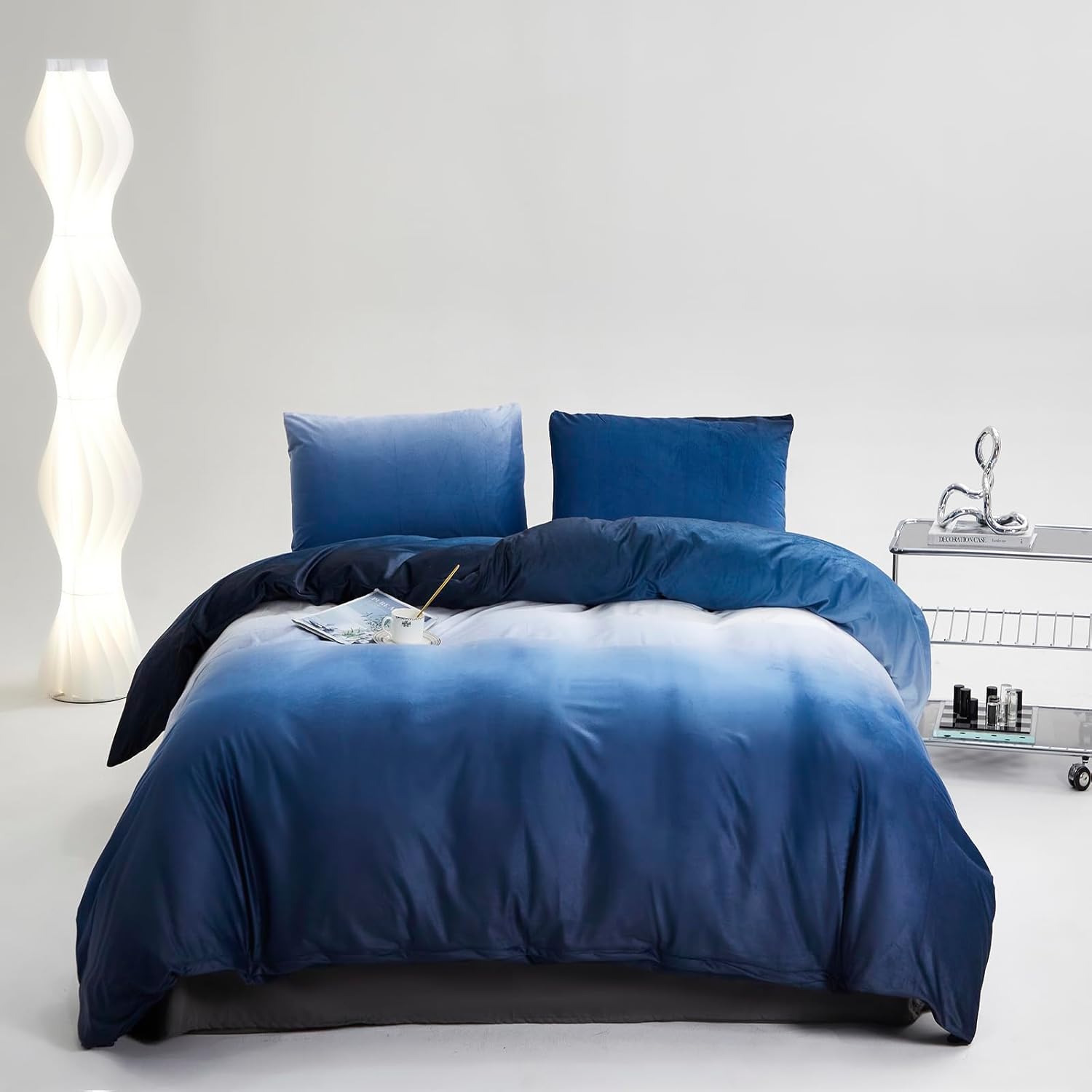 Cottonight Juego de edredón de terciopelo azul, tamaño Queen, juego de ropa de cama de franela esponjosa para mujeres y hombres, manta gruesa y