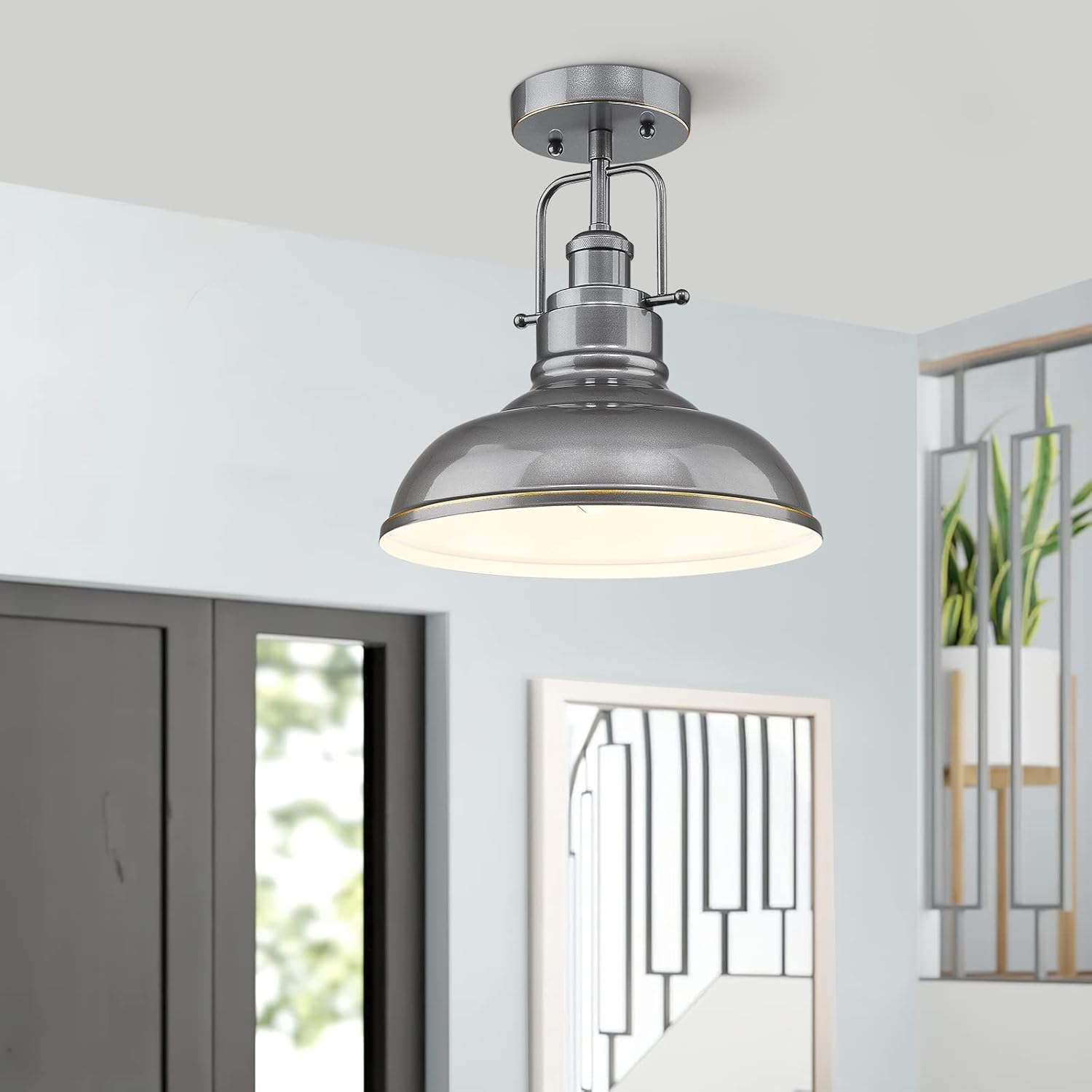 zeyu ZY41-F SG – Lámpara de techo industrial moderna de montaje semiempotrado de 11 pulgadas para cocina, dormitorio, loft, acabado gris, ZY41-F SG
