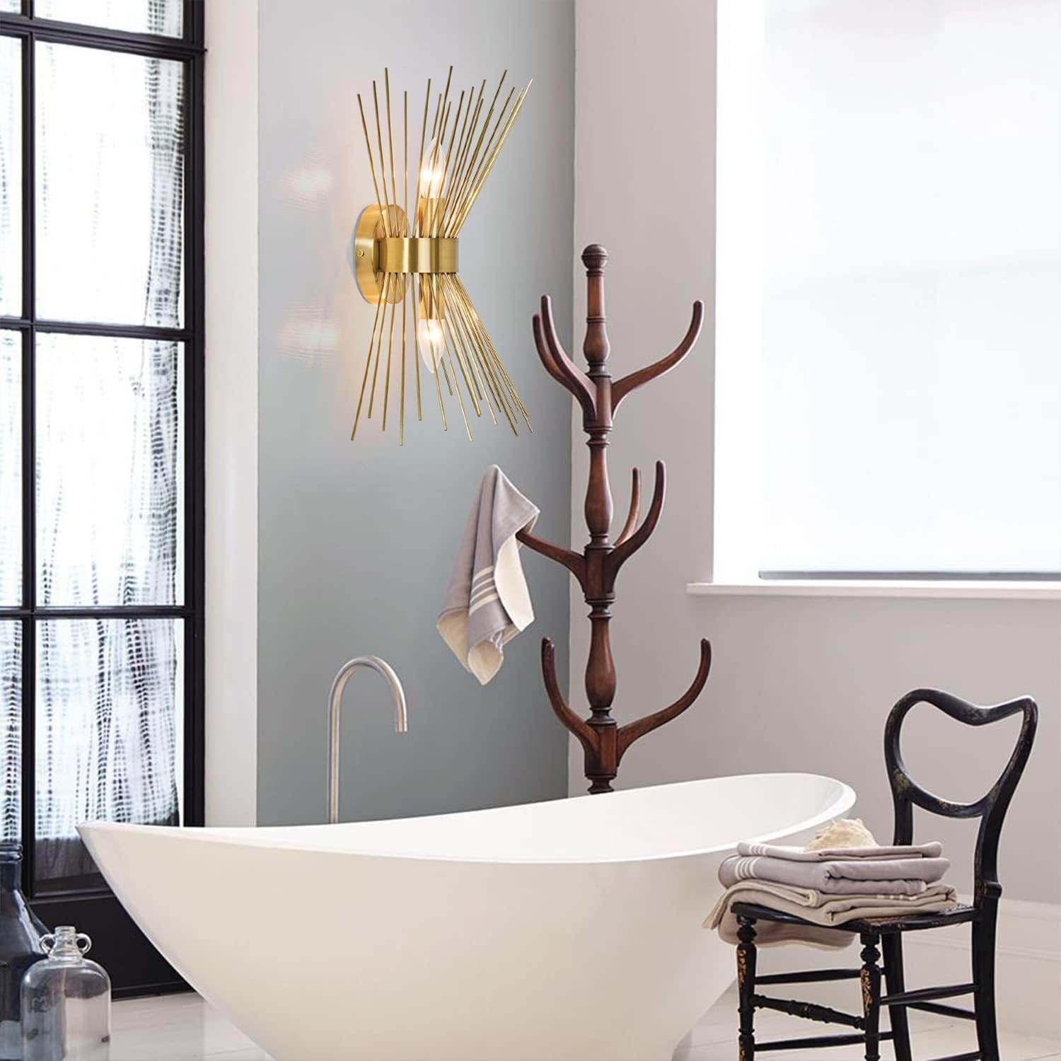 Lámpara de tocador de baño de 2 luces, moderna lámpara de pared dorada Starburst de mediados de siglo, lámpara de pared de latón galvanizado para
