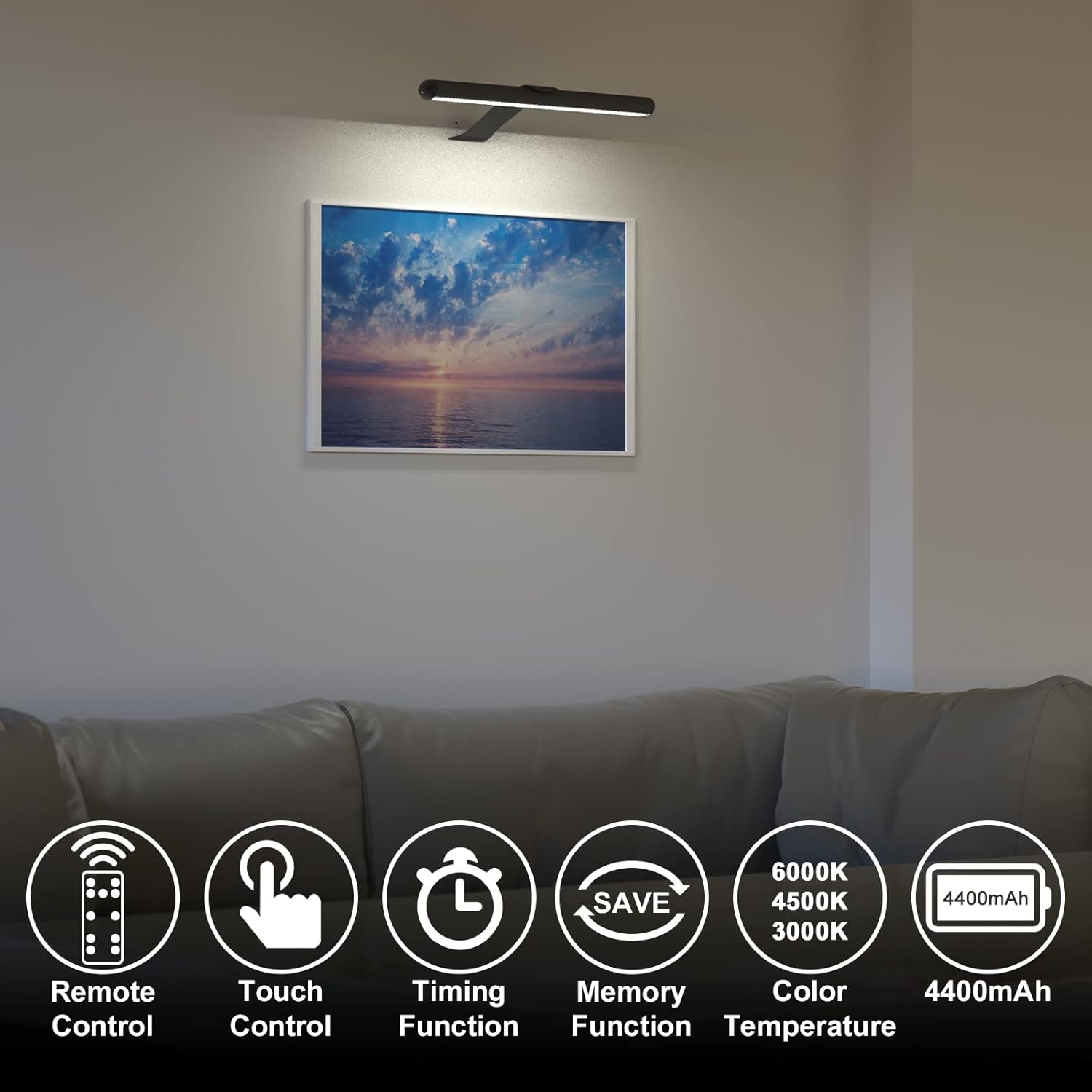 Luces de imagen para pinturas recargables, luz artística de pared con control remoto inalámbrico, luz sobre la imagen regulable con atenuador