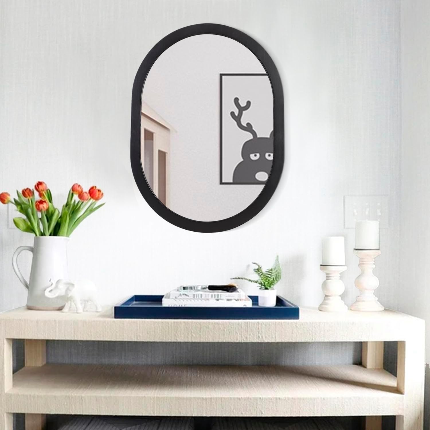 Espejo de pared ovalado negro para baño, decoración de espejo para pared, marco de madera, espejo de maquillaje para sala de estar, dormitorio,