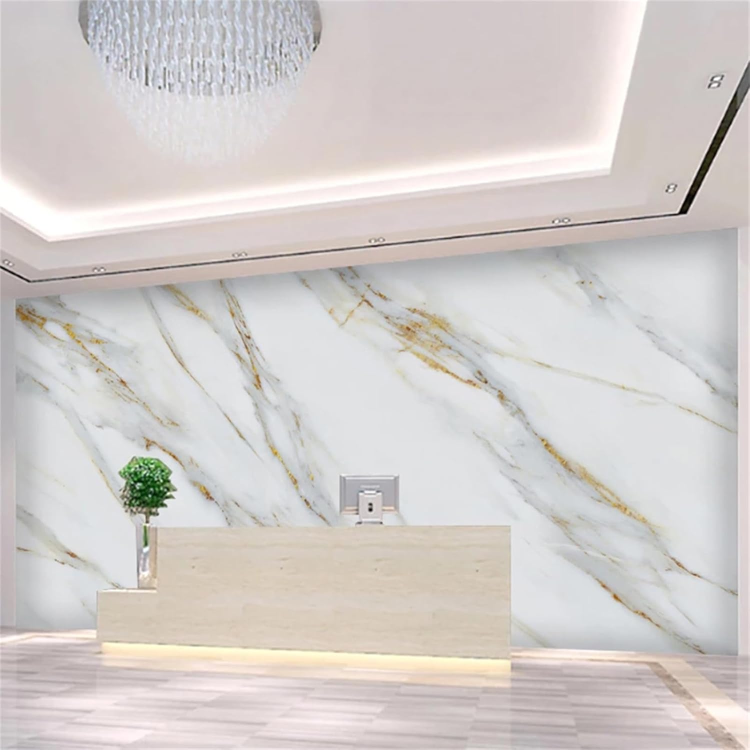 Murales de pared grandes de mármol abstracto blanco personalizado, papel tapiz mural con patrón dorado simple, calcomanías de pared duraderas e