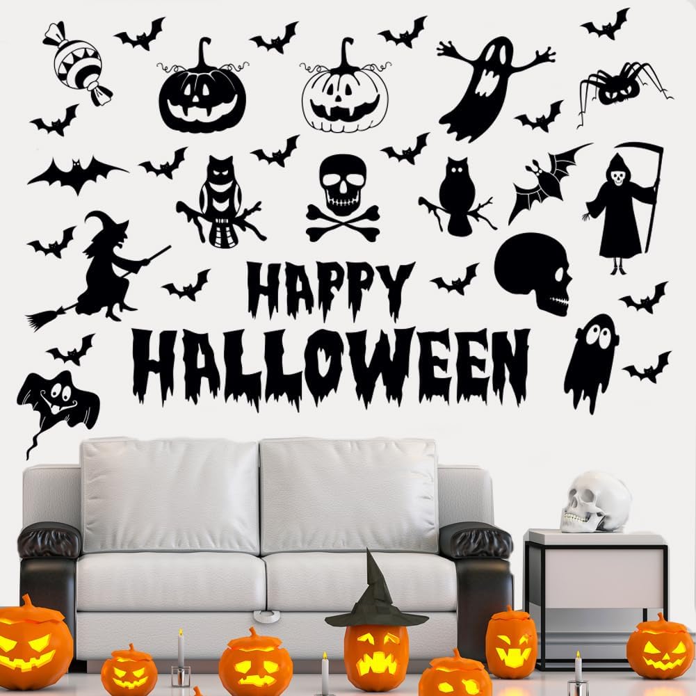 Calcomanías de pared de Halloween de vinilo, calcomanías de pared de Halloween, adhesivos de pared extraíbles de Halloween, murciélagos de bruja,