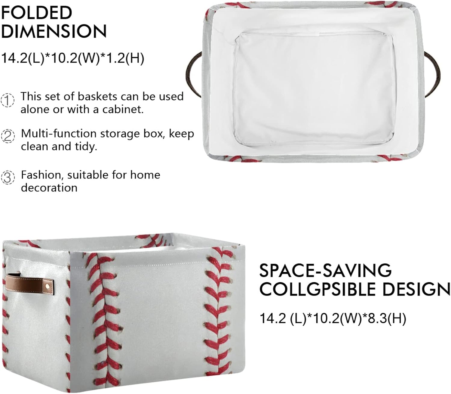 Cestas de almacenamiento plegables, cubos de almacenamiento de béisbol con asas, organizador de tela decorativa, cajas de almacenamiento para