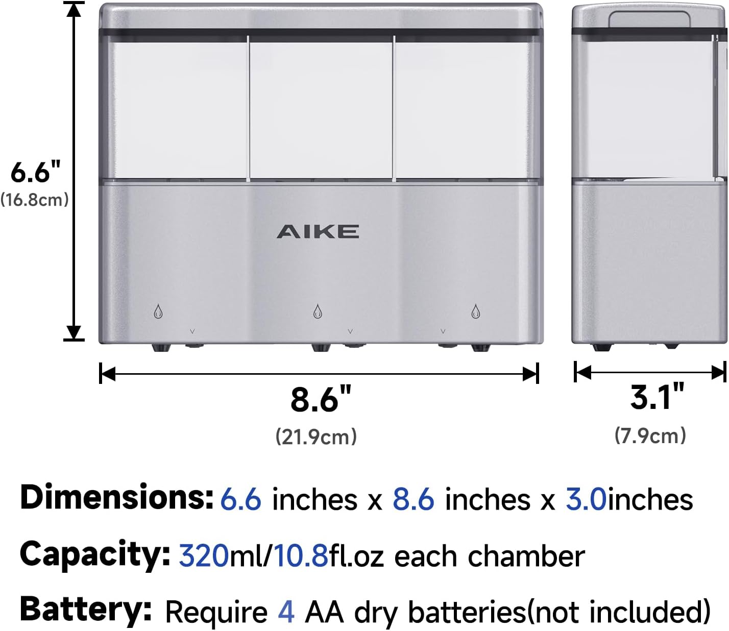 AIKE Dispensador de champú de ducha sin contacto para montaje en pared, cámaras triples, 3 x 10 fl.oz, funciona con pilas, color plateado