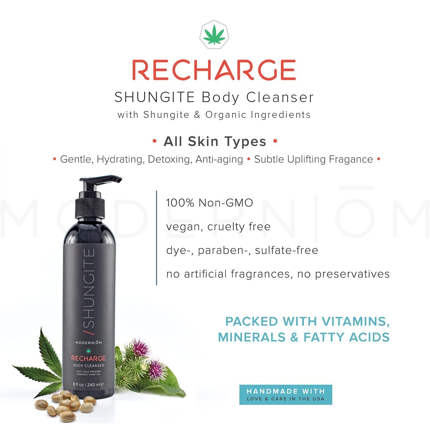 Modern M Shungite Recharge Gel de baño con aceite de semilla de cáñamo  Todo tipo de piel, limpiador orgánico para cara, manos, cuerpo  Vegano, sin