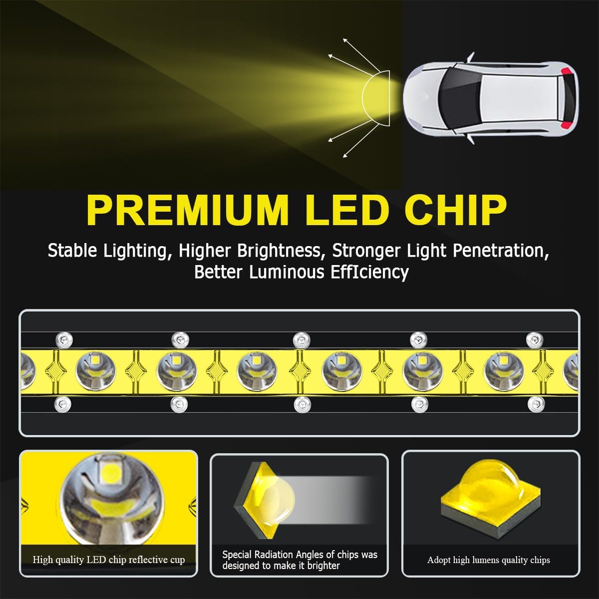 Willpower Barra de luz LED amarilla, 4 unidades, 4 pulgadas, 15 W, luz antiniebla de conducción delgada, luz todoterreno impermeable para SUV, ATV,