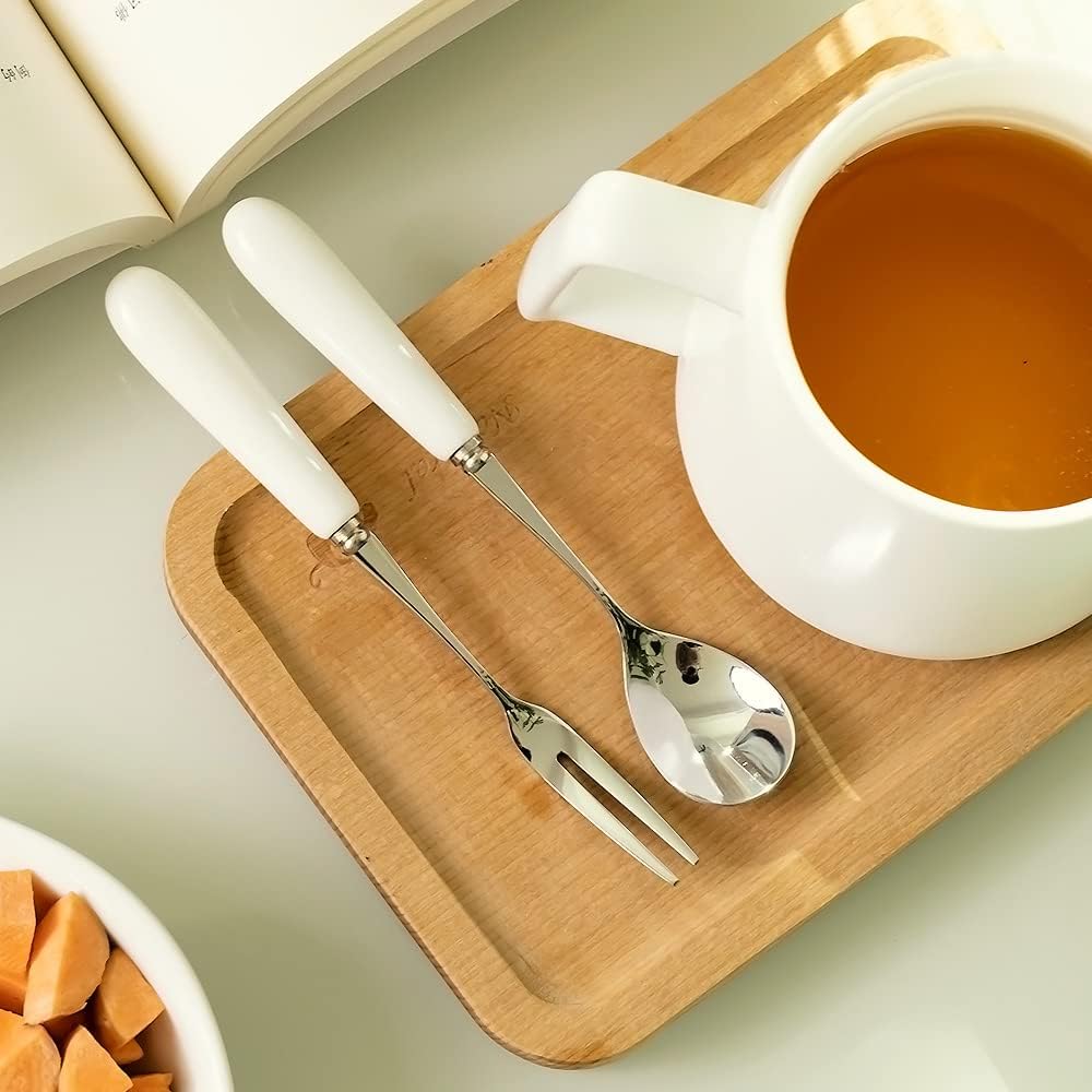 mango de cerámica blanca, 4 cucharas de café y 4 tenedores de frutas, vajilla de té de la tarde, pulido espejo 18-10 cuchillas de acero inoxidable,