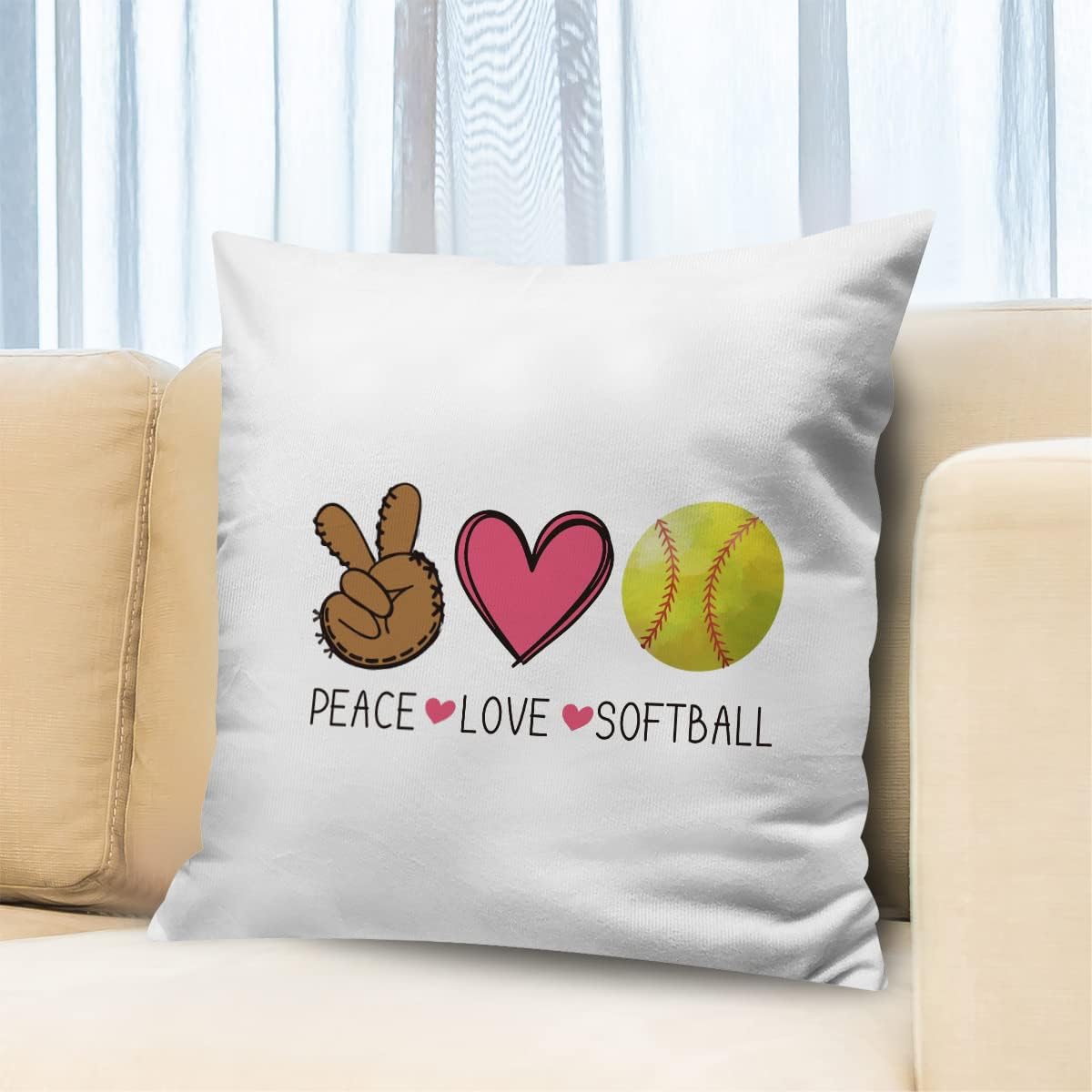 Peace Love – Funda de almohada de sóftbol de 18 x 18 pulgadas, fundas de almohada, regalos de sóftbol para amantes del sóftbol, niñas, graduación,
