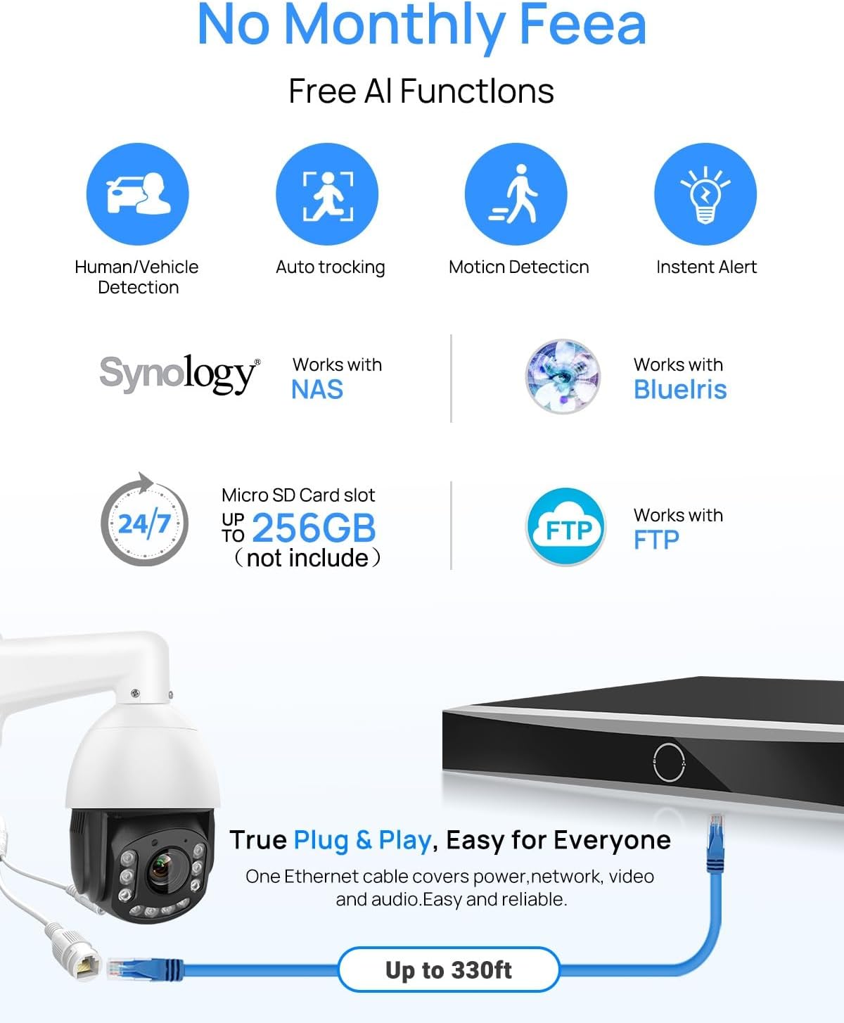 VIKYLIN Cámara IP POE PTZ 4K 8MP para exteriores, zoom óptico de inclinación panorámica de 20x, detección de vehículos humanos, cámara PTZ de