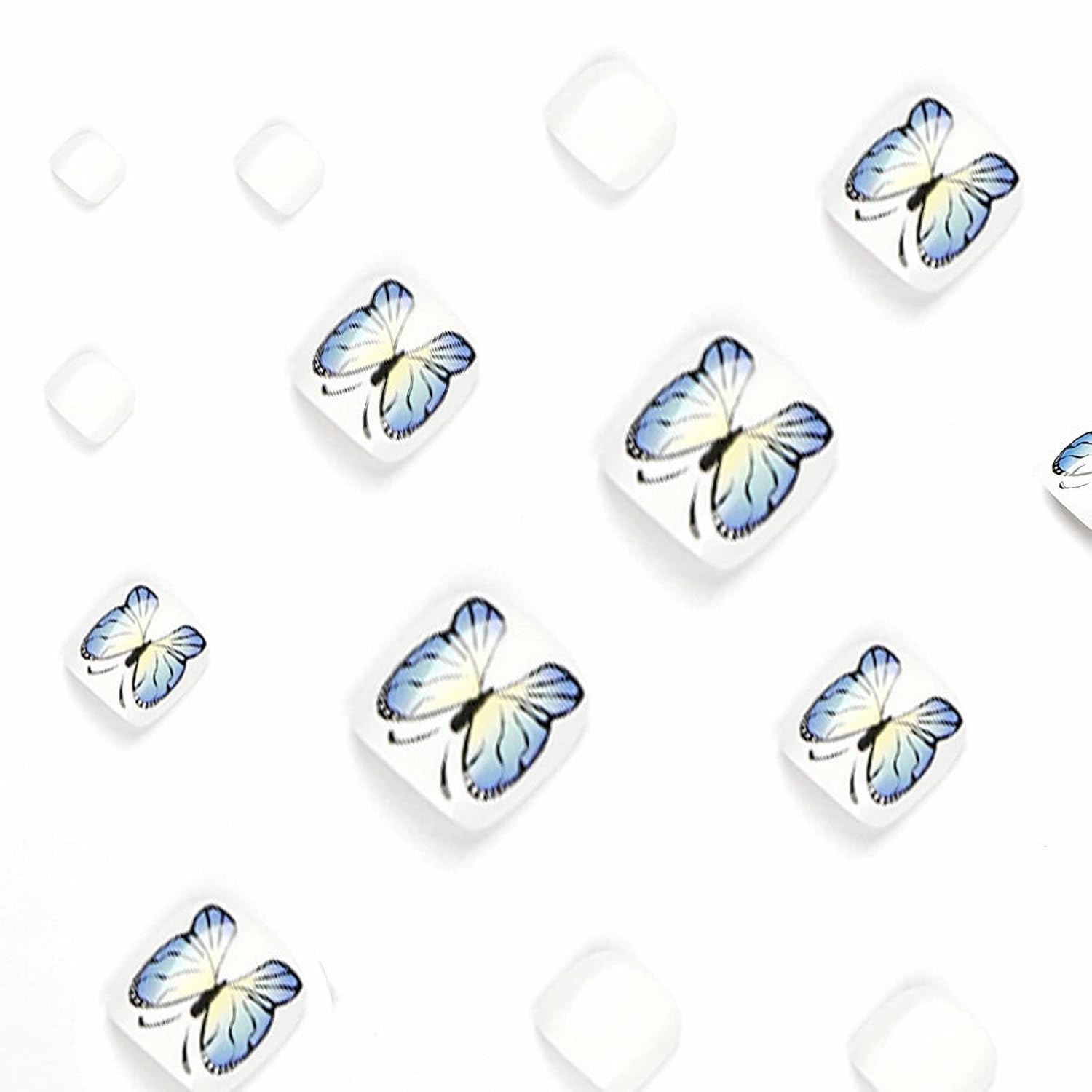 MISUD Uñas postizas brillantes a presión, pegamento blanco en las uñas de los pies de los pies, mariposa azul, uñas acrílicas de gel en uñas