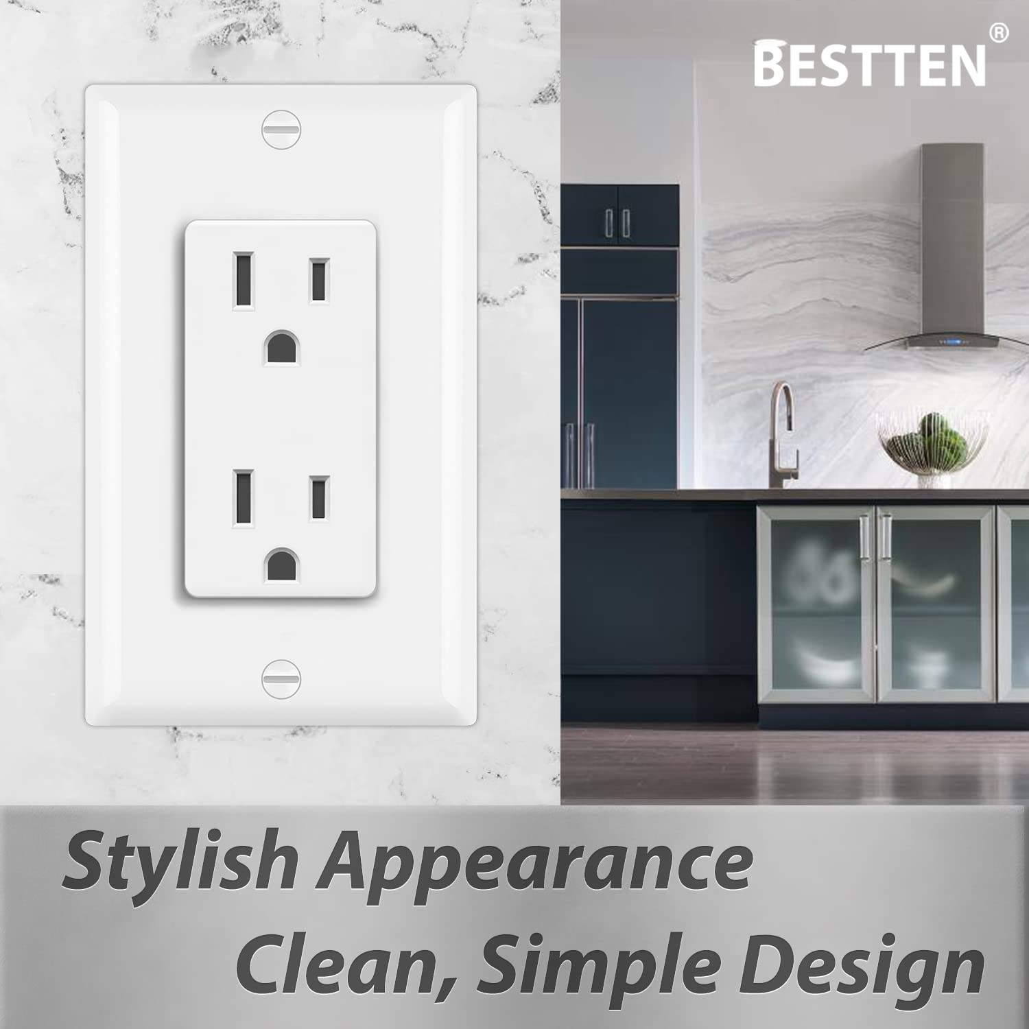 BESTTEN Toma de pared decorativa de 15 amperios, receptáculo no resistente a manipulaciones, placa de pared incluida, 15A125V1875W, certificación