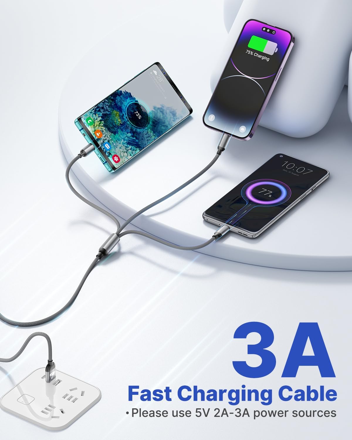 Cargadores para múltiples dispositivos, cable de carga múltiple 3 en 1, cable de carga rápida múltiple de nailon trenzado, adaptador de cable USB