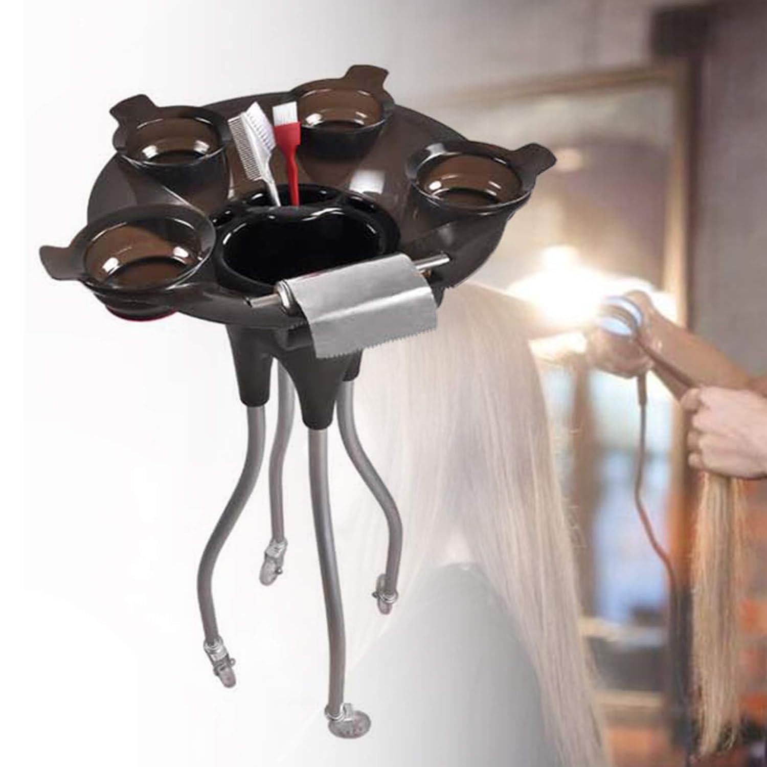 Bandeja de carrito de salón rodante, bandeja de salón portátil negra, carrito utilitario para mezclar colores de cabello, cepillos, clips y secador
