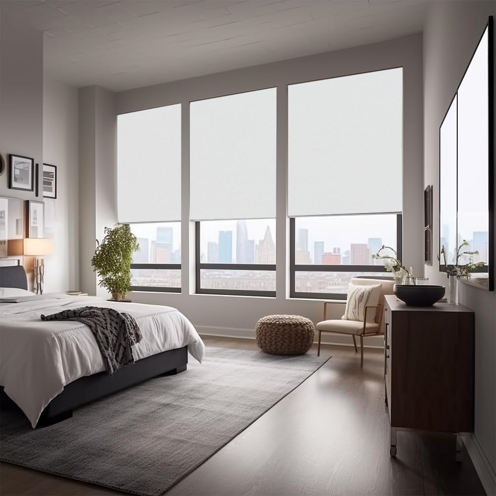 Persianas enrollables 50 % opacas, para oscurecer la habitación con tela aislante térmica, con cadena, para hogar y oficina (blanco – 56 pulgadas de