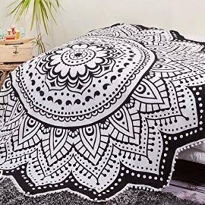 Popular Handicrafts Kp781 – Tapiz redondo con mandala de loto en blanco y negro Popular Handicrafts Kp781 – Tapiz redondo con mandala de loto en blanco y negro