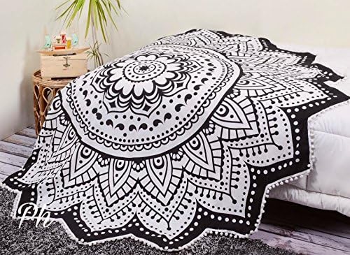 Popular Handicrafts Kp781 – Tapiz redondo con mandala de loto en blanco y negro