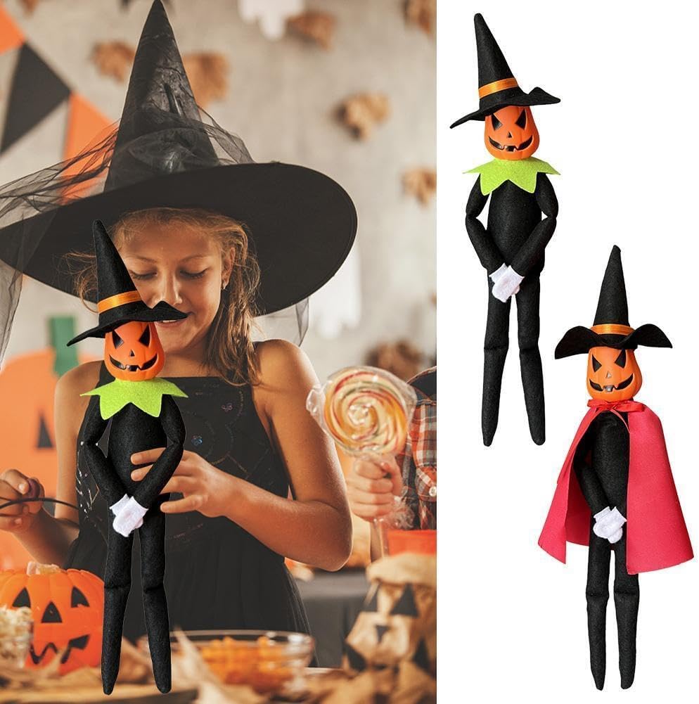 Muñeco de peluche de calabaza de Halloween de 14 pulgadas, hecho a mano con sombrero negro, guantes blancos, vestidos y capa para Halloween y
