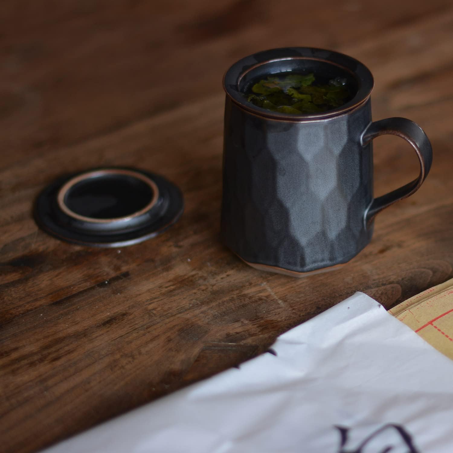 globe faith Taza de té de cerámica con infusor y tapa, taza de té de infusión de hojas sueltas de gres y filtro de cesta para el hogar, oficina o